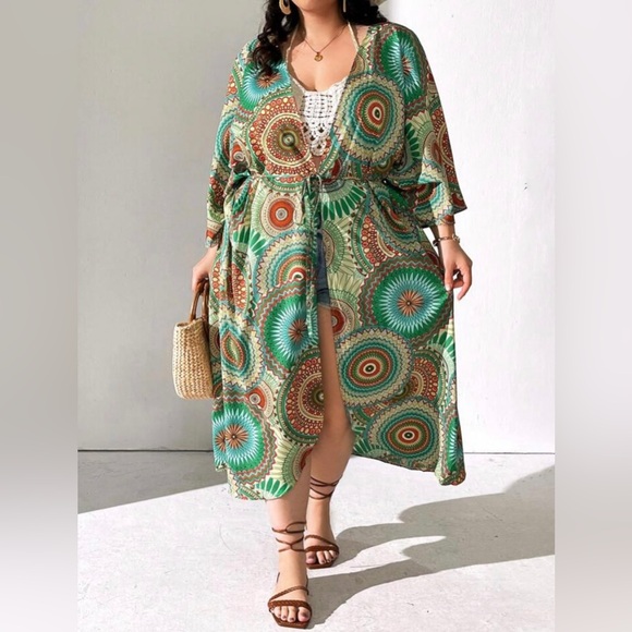 New Mandala Print Open Front Kimono Boho 3/4 Sleeve Cover Up Longline Swim Cover - Picture 5 of 10